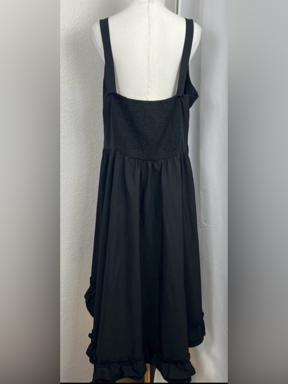SCARLET DARKNESS Sleeveless wide V neck Black HiLow Midi Goth Buckles Ruffle hem - Picture 7 of 14
